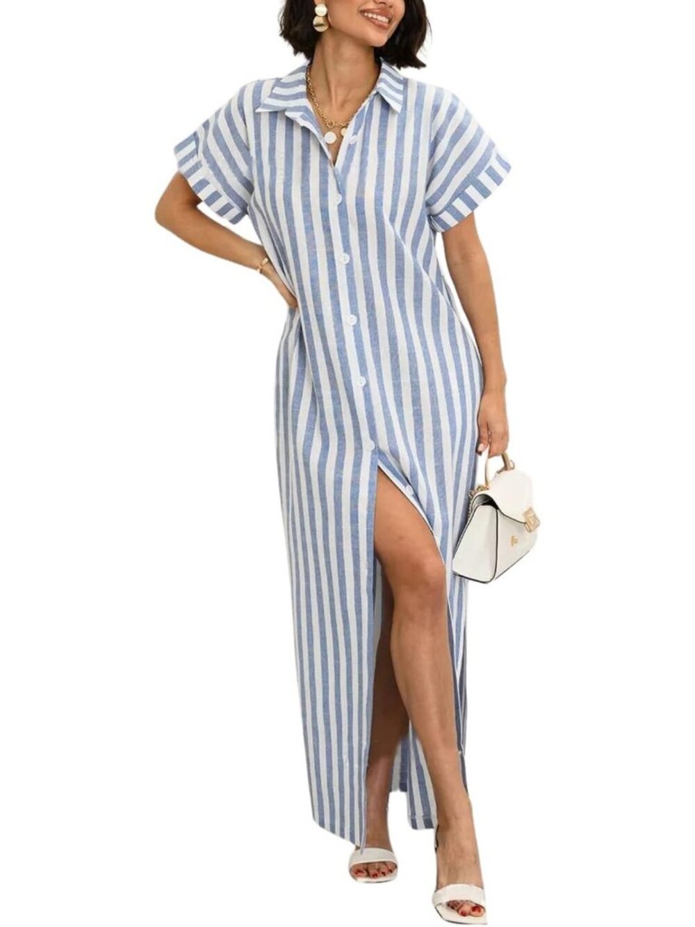Summer Striped Button Down Maxi Dress - Casual Short Sleeve Beach Dress with
